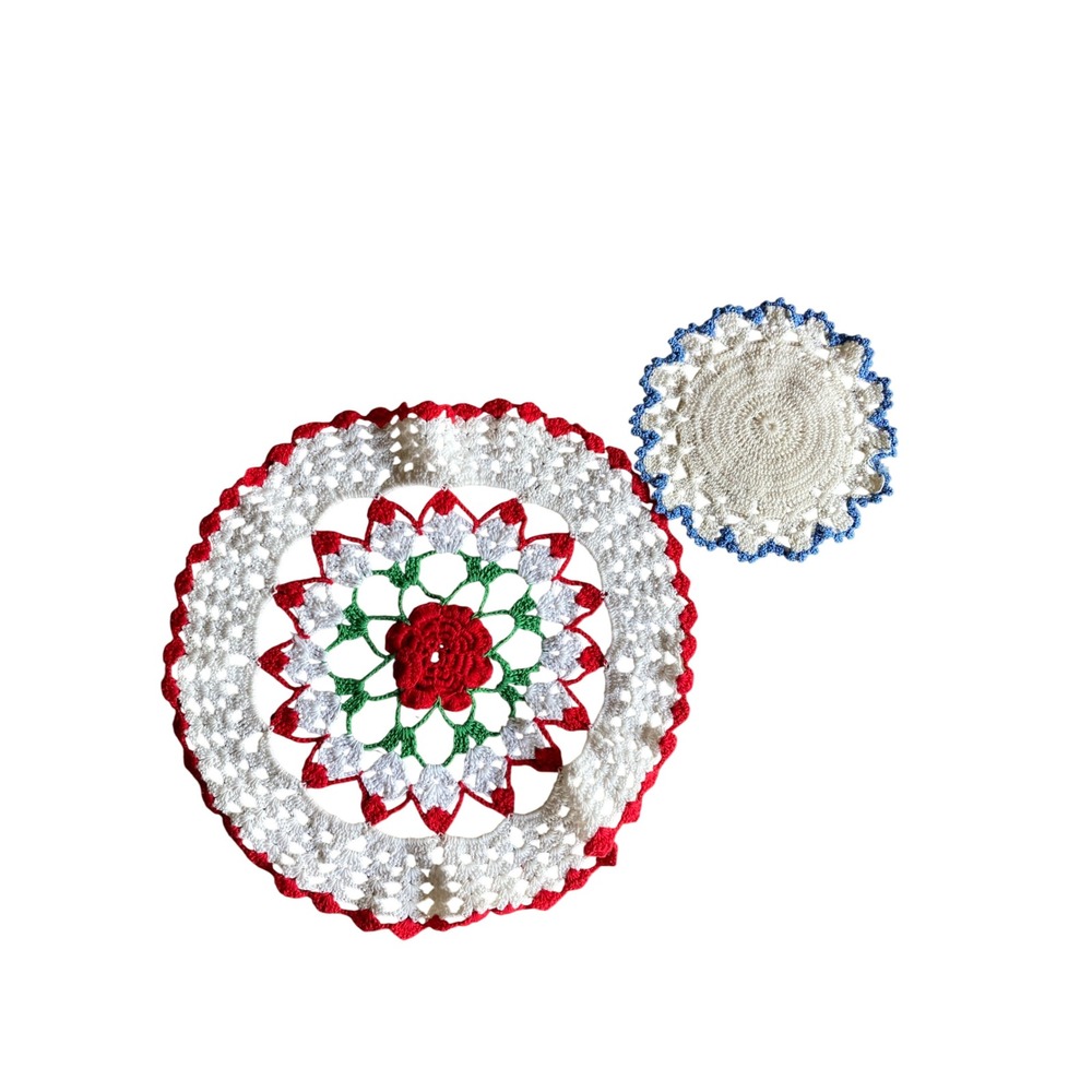 Vintage Handmade Crochet Doily Set 2pc Red Rose Floral White Blue Scalloped Lace